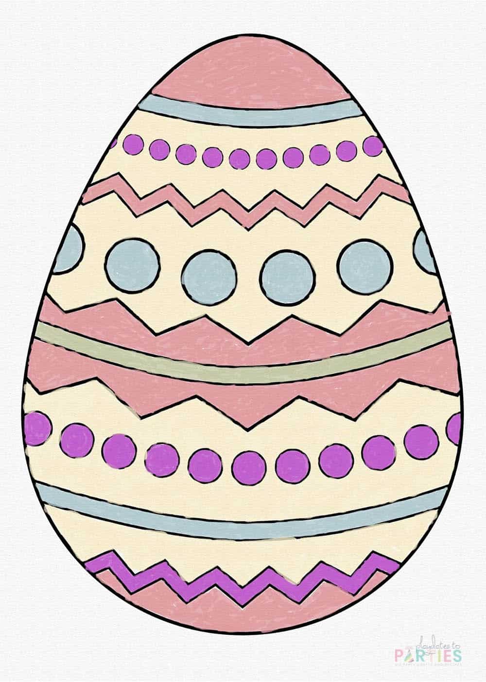 An colorful Easter egg with polka dots, zig zags, and stripes.