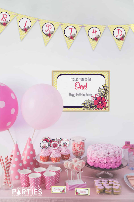 Yellow and Pink Floral Party Printables (Lite Package with Triangle Banner)