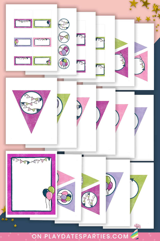 Hand Drawn Buntings and Balloons Birthday Party Printables (Lite Package - Triangles)