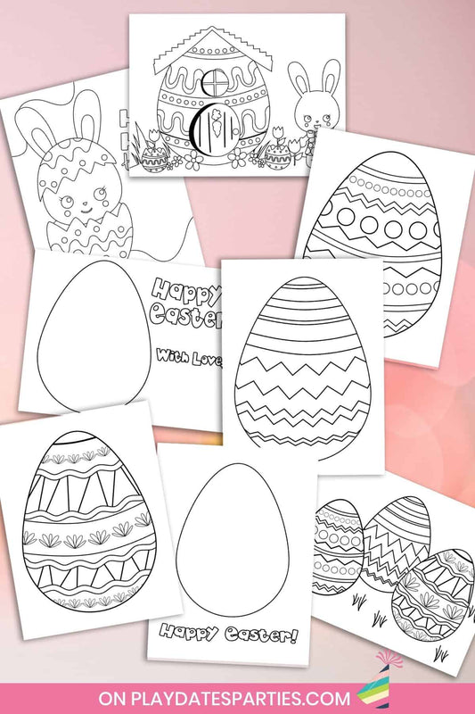 A variety of Easter coloring pages over a pink background.