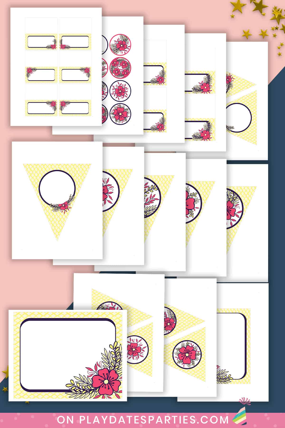 Yellow and Pink Floral Party Printables (Lite Package with Triangle Banner)